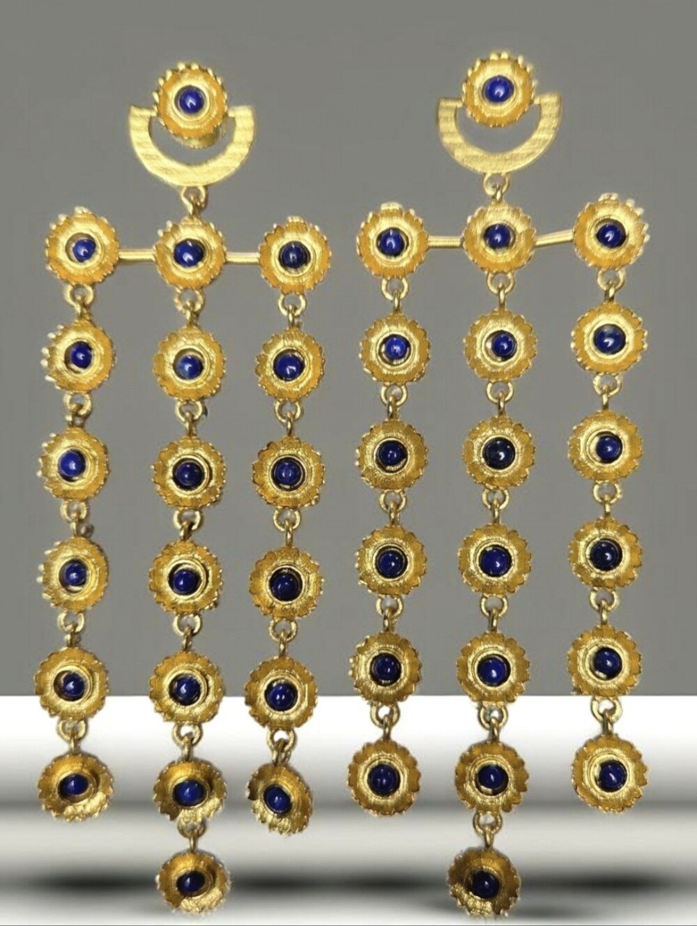 22k Gold Plated Genuine Lapis Lazuli Stone Cupped Flower Statement Earrings